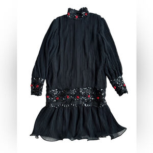 Vintage Adele Simpson Black Sequin Dress w/ Red Roses Micro Pleated Rare Size 6